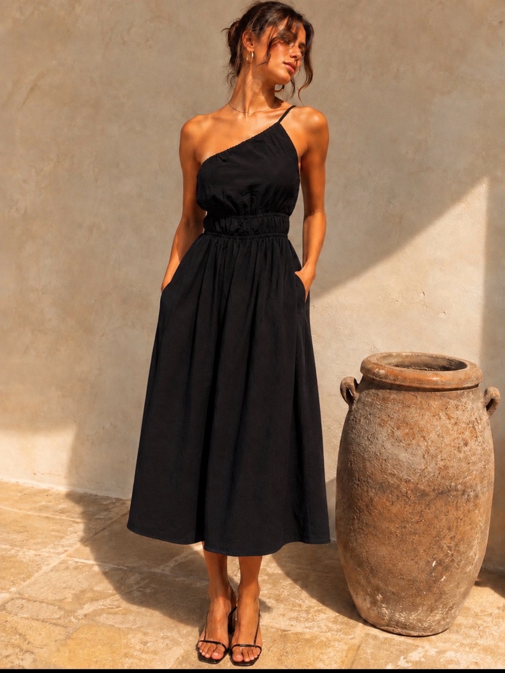 Abercrombie & Fitch Black One Shoulder Midi Dress XS Ruched Waist Pockets